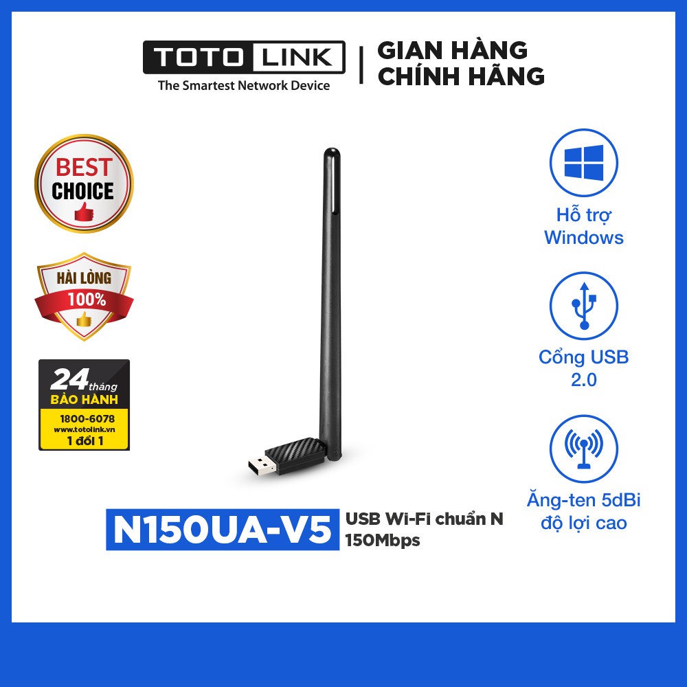 USB WiFi chuẩn N 150Mbps TOTOLINK N150UA-V5 Sử dụng cho máy tính bàn PC Laptop dễ sử dụng Hàng chính hãng