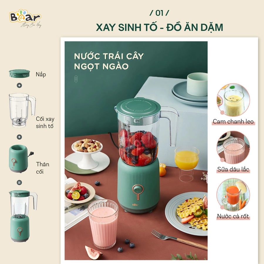 Máy Xay 3 Cối Đa Năng Bear LLJ C10P1 (BL-B10V2) - Máy Xay Sinh Tố Đa Năng Lưỡi Dao Sắc Bén Không Gỉ