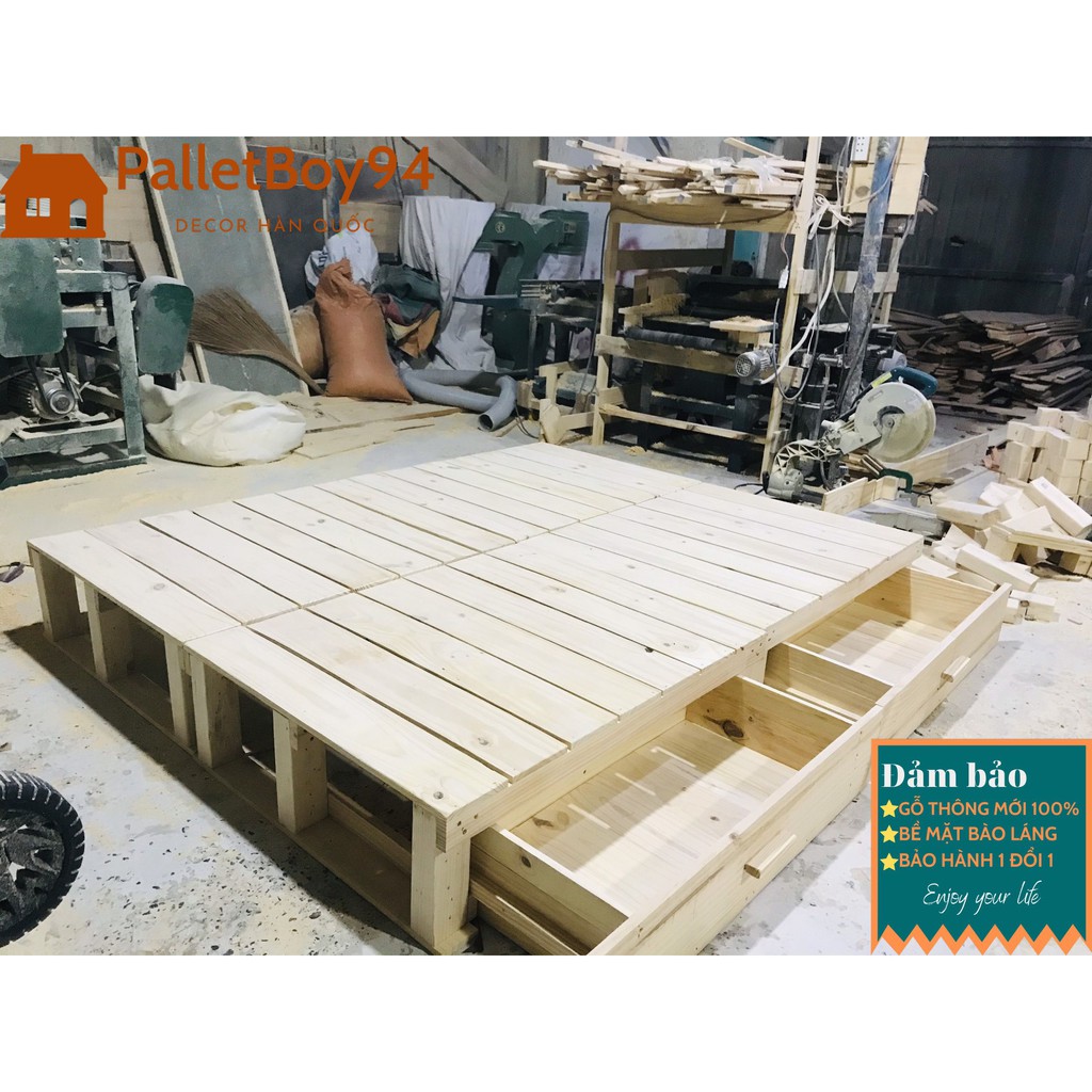 Giường Ngủ Pallet Gỗ Thông Có Hộc, Gỗ Thông Nhập Khẩu Mới 100%