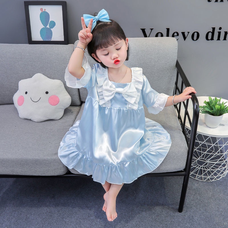 Đầm Ngủ Lụa Một Mảnh Tay Ngắn Dễ Thương Thời Trang Mùa Hè Cho Bé Gái