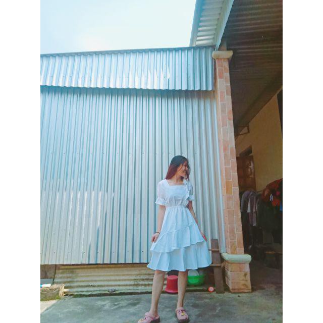 Đầm Nữ Trắng Cổ U Bèo Chít Eo
