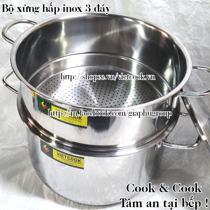 [Chính Hãng] Bộ xửng hấp inox 2 tầng đáy từ size 24, 26, 28, 30, 32 cm VIETCOOK, chõ hấp thực phẩm đồ xôi inox