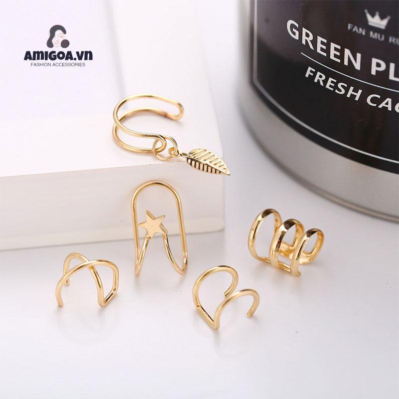 Set 5 Khuyên Tai Kẹp Chữ U Hai Lớp Sáng Tạo Không Xỏ Lỗ Tai