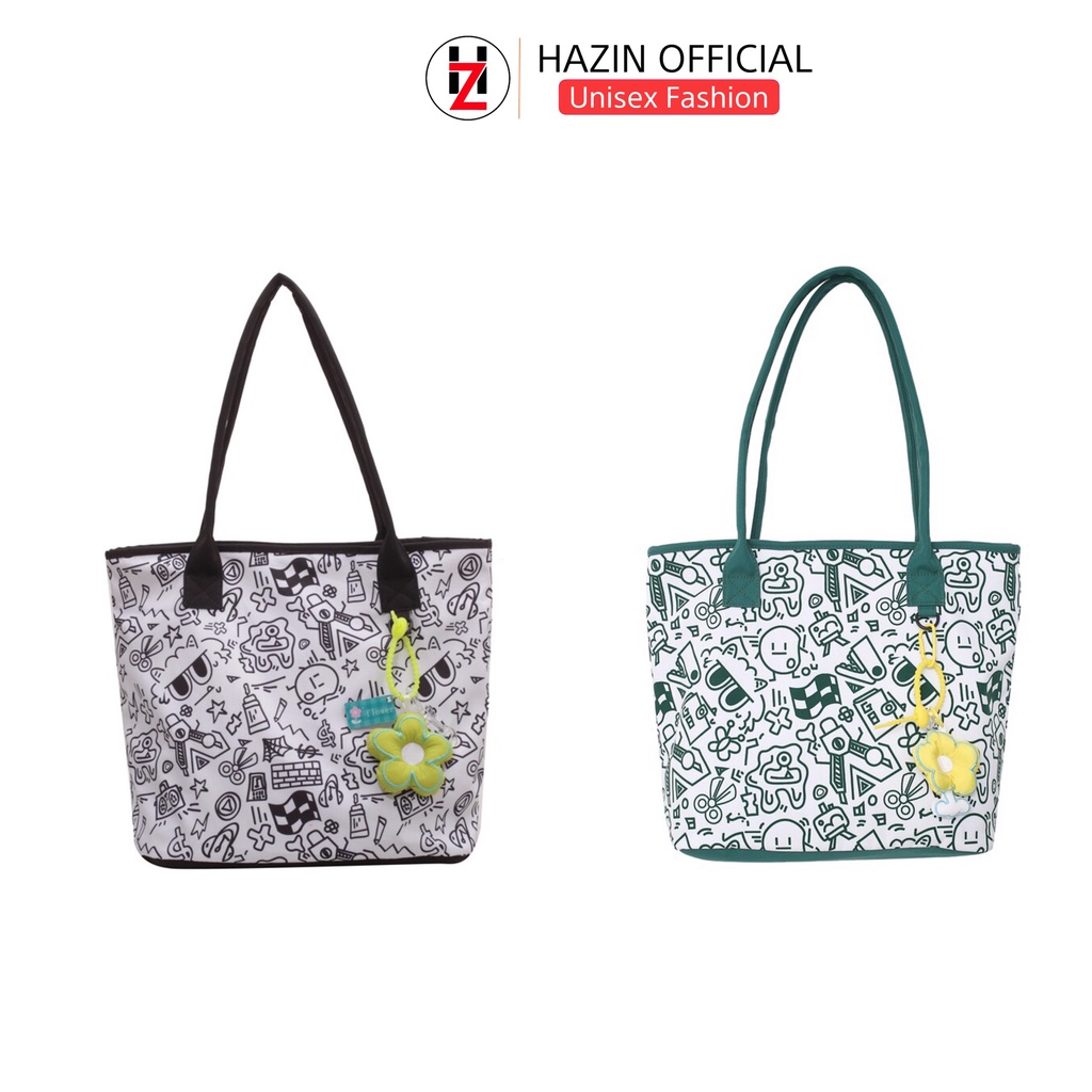Túi tote quai xách Hazin vải canvas đeo vai sức chứa lớn hoạ tiết hoa văn phong cách Harajuku Hàn Quốc dành cho nữ