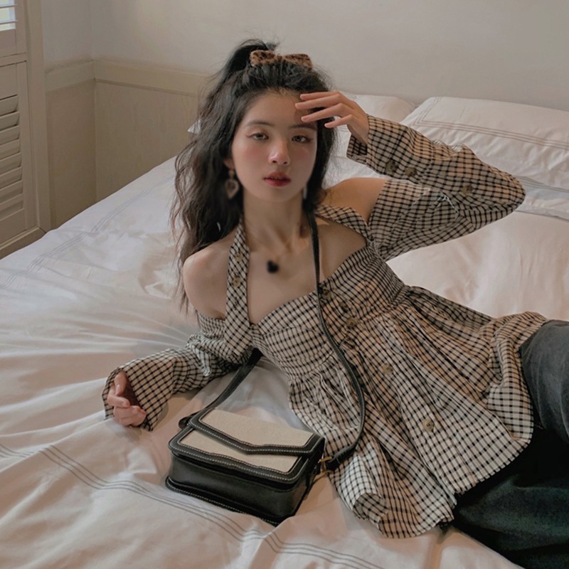 Áo Sơ Mi Tay Dài Dáng Rộng Trễ Vai Họa Tiết Sọc Caro Phong Cách Vintage Hàn Quốc