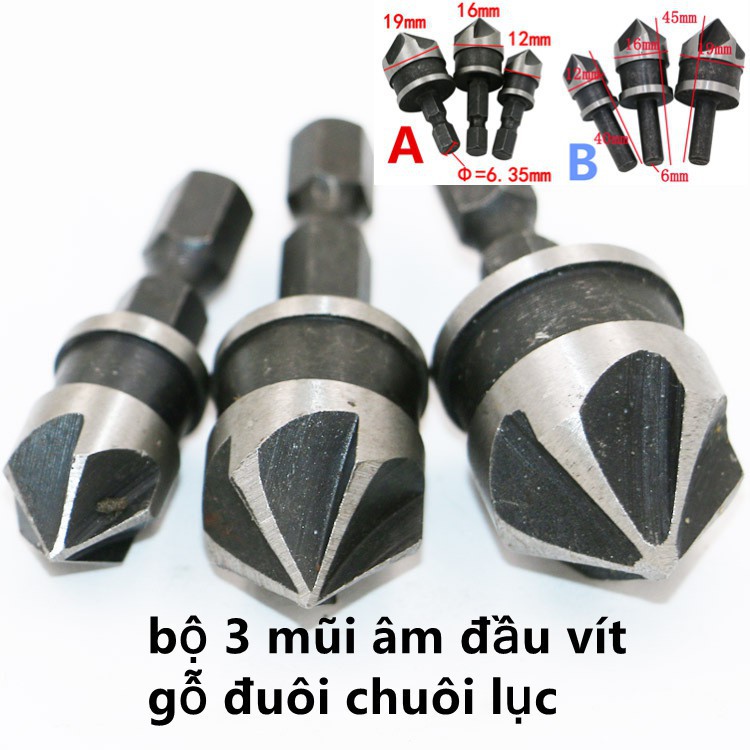 Bộ 3 mũi âm đầu vít gỗ đuôi chuôi lục