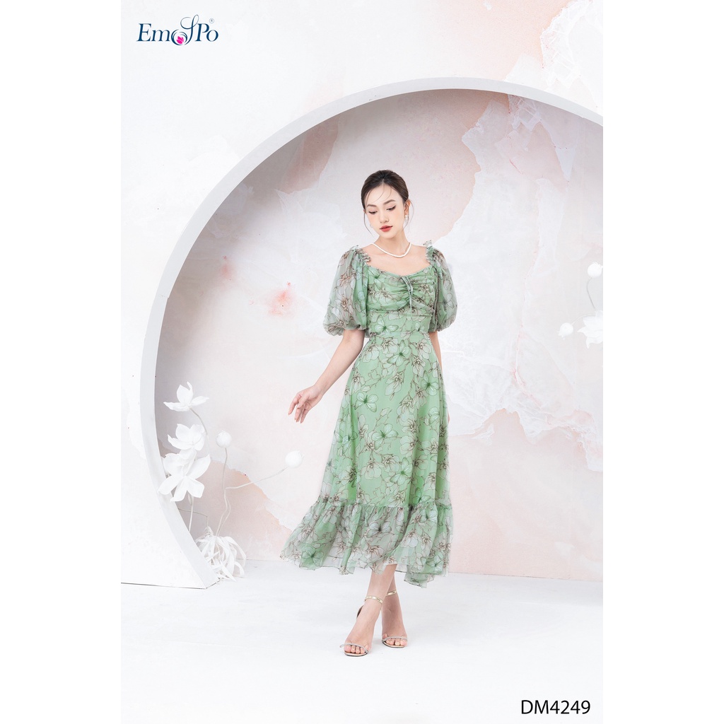 Đầm hoa đuôi cá cổ đính nơ tay bồng Emspo DM4249