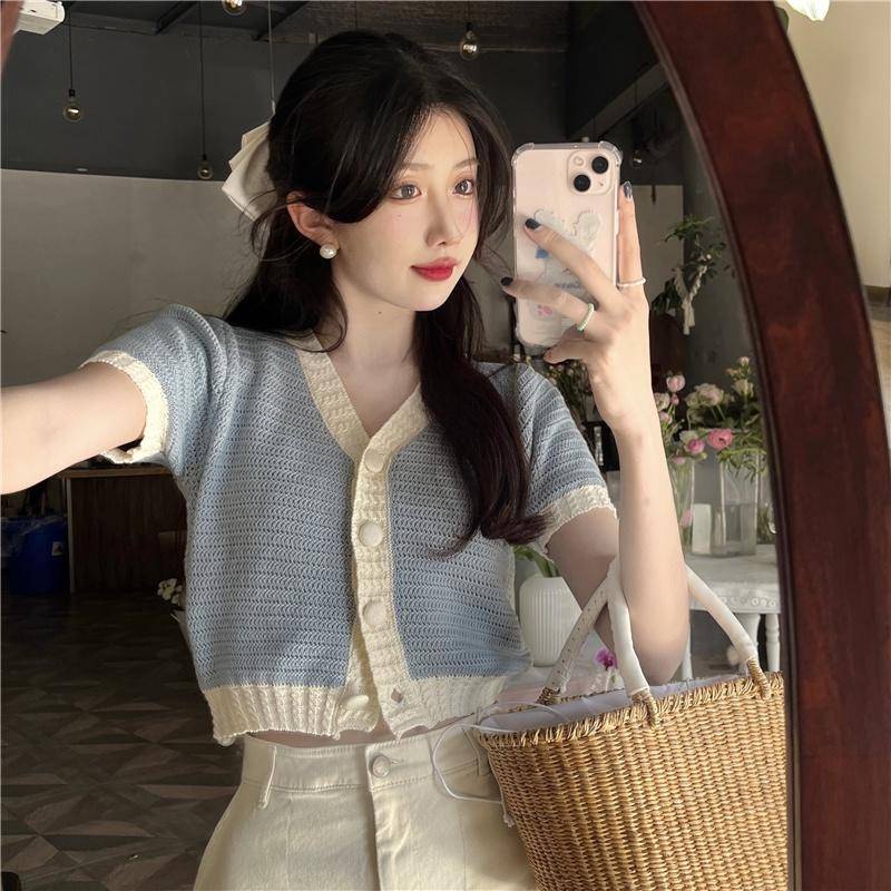 Áo Dệt Kim Tay Ngắn Cổ Chữ v Dễ Phối Đồ Thời Trang Hè Phong Cách Hàn Quốc Cho Nữ