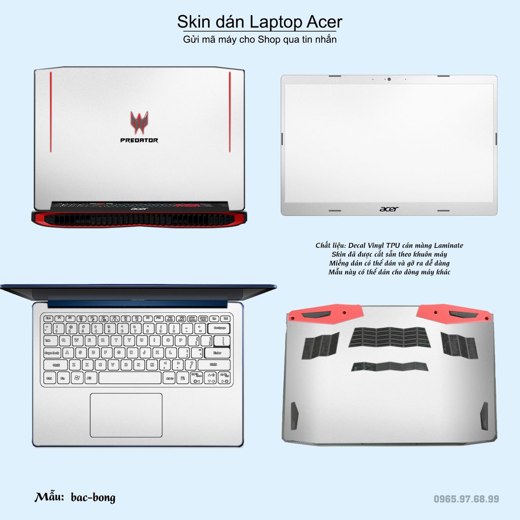 Skin dán Laptop Acer màu bạc bóng (inbox mã máy cho Shop)