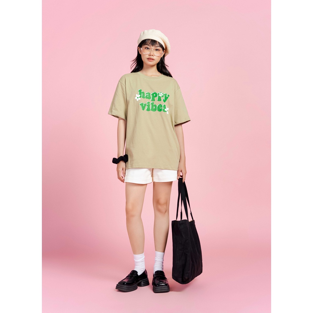 Áo thun oversize tay lỡ áo phông cotton nữ in chữ happy vibes thời trang GAGO màu rêu GA3831