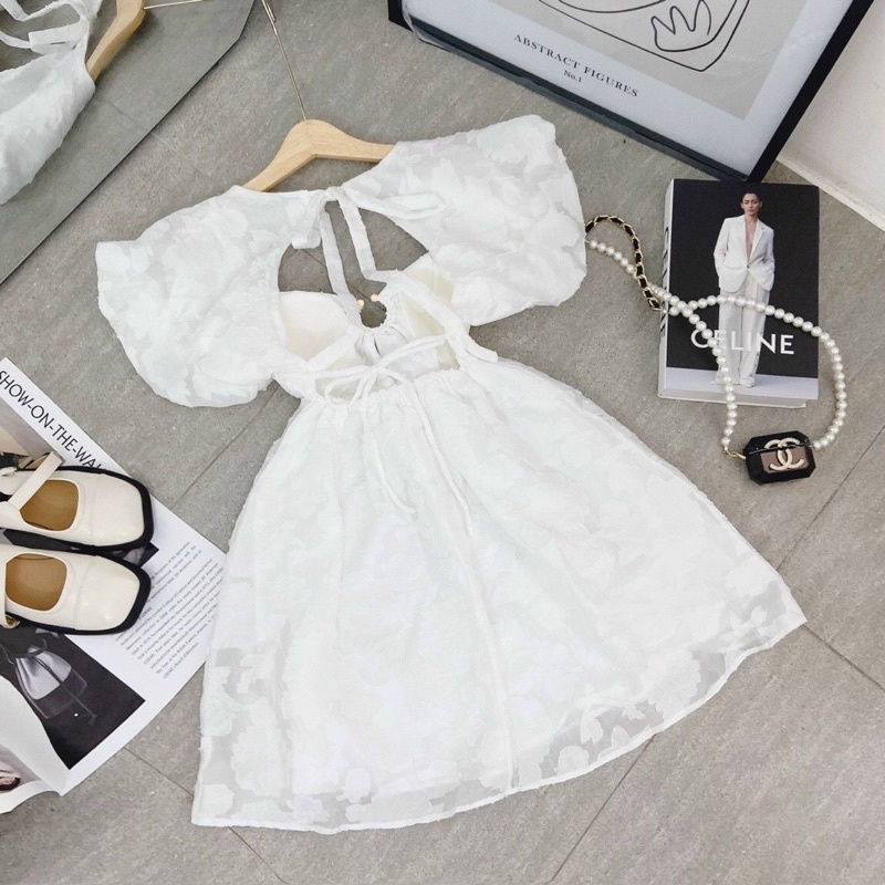 Đầm Váy BabyDoll Khoét Ngực Hở Lưng Vải Voan Thêu Mặc Du Lịch Đi Chơi