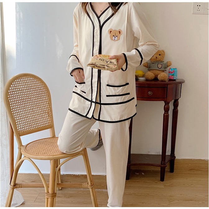 Đồ bộ bầu và sau sinh cho con bú hình bear viền dáng pyjamas cao cấp trẻ trung lịch sự mặc khi ở cữ.