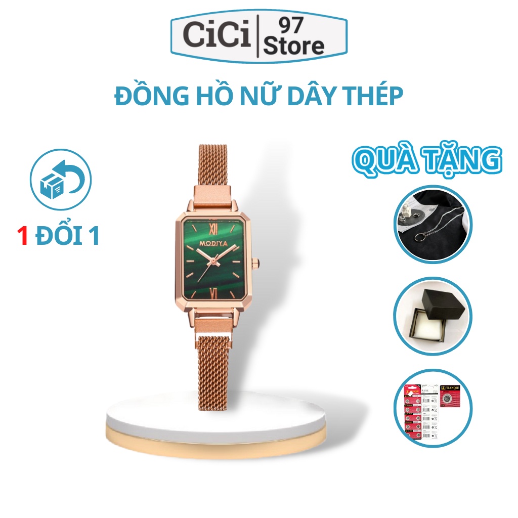 Đồng hồ nữ chính hãng mặt vuông thời trang dây thép cao cấp MODIYA đẹp DHN03