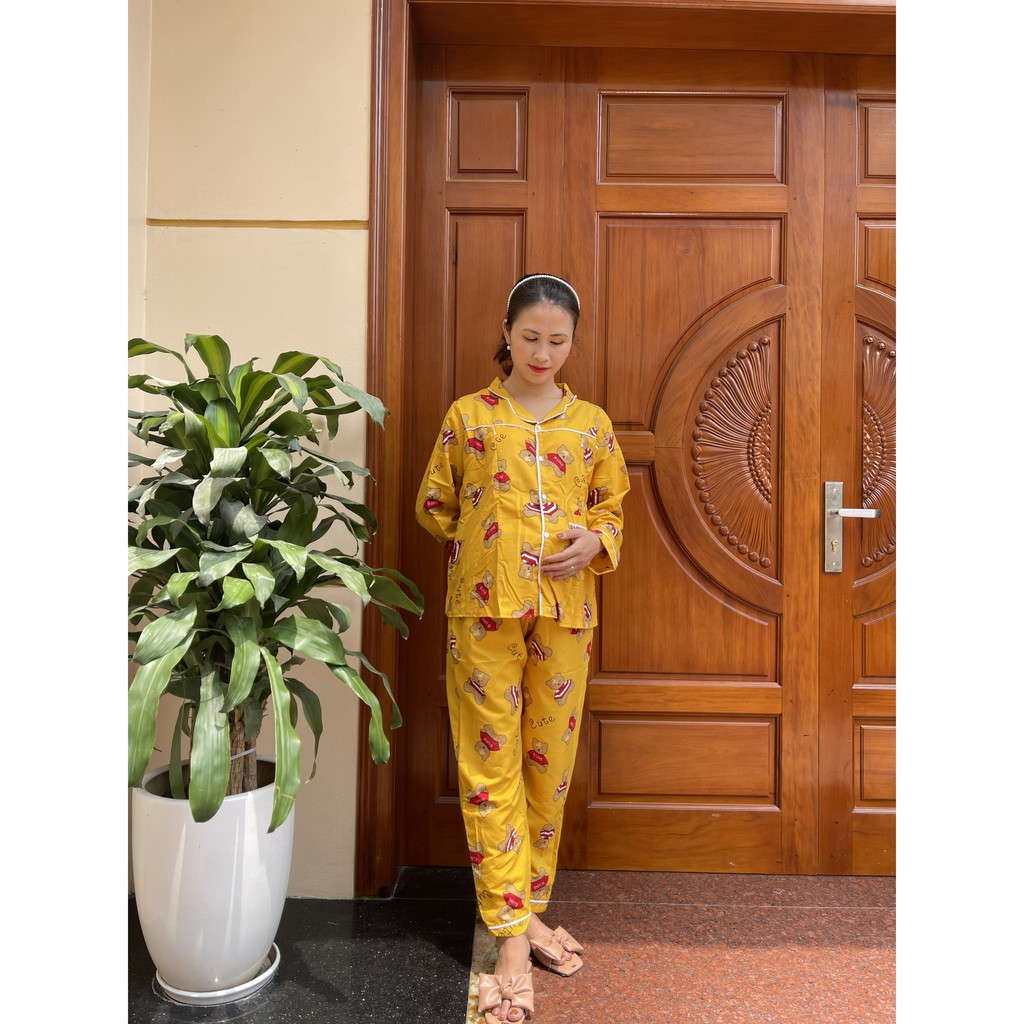 Đồ Bộ Bầu dài tay Pijama chất kate thái mặc bầu và sau sinh BPJM930 (Có khóa hoặc túi ngực như hình)