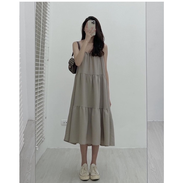 Đầm hai dây maxi 3 tầng đi biển, Váy babydoll hai dây chất đũi chữ A xoè rộng