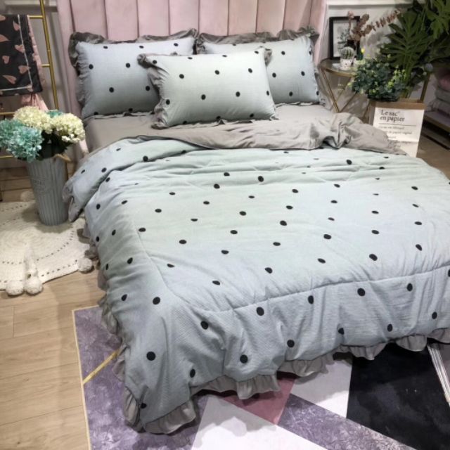 Bộ chăn hè bèo chấm bi xám