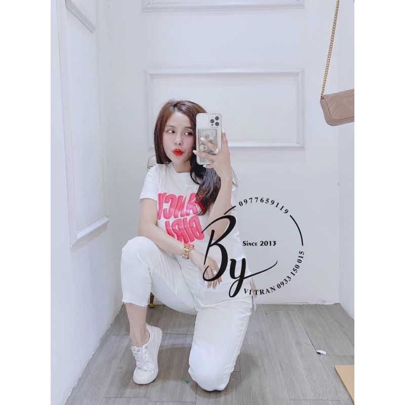 Áo thun giấy form rộng in chữ Fancy Girl tay ngắn cổ tròn
