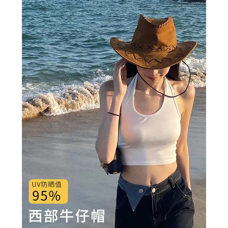 Mũ Cao Bồi Mùa Hè Có Dây Rút Che Nắng Vành Rộng Kiểu Cao Bồi Phương Tây Cho Nam Và Nữ