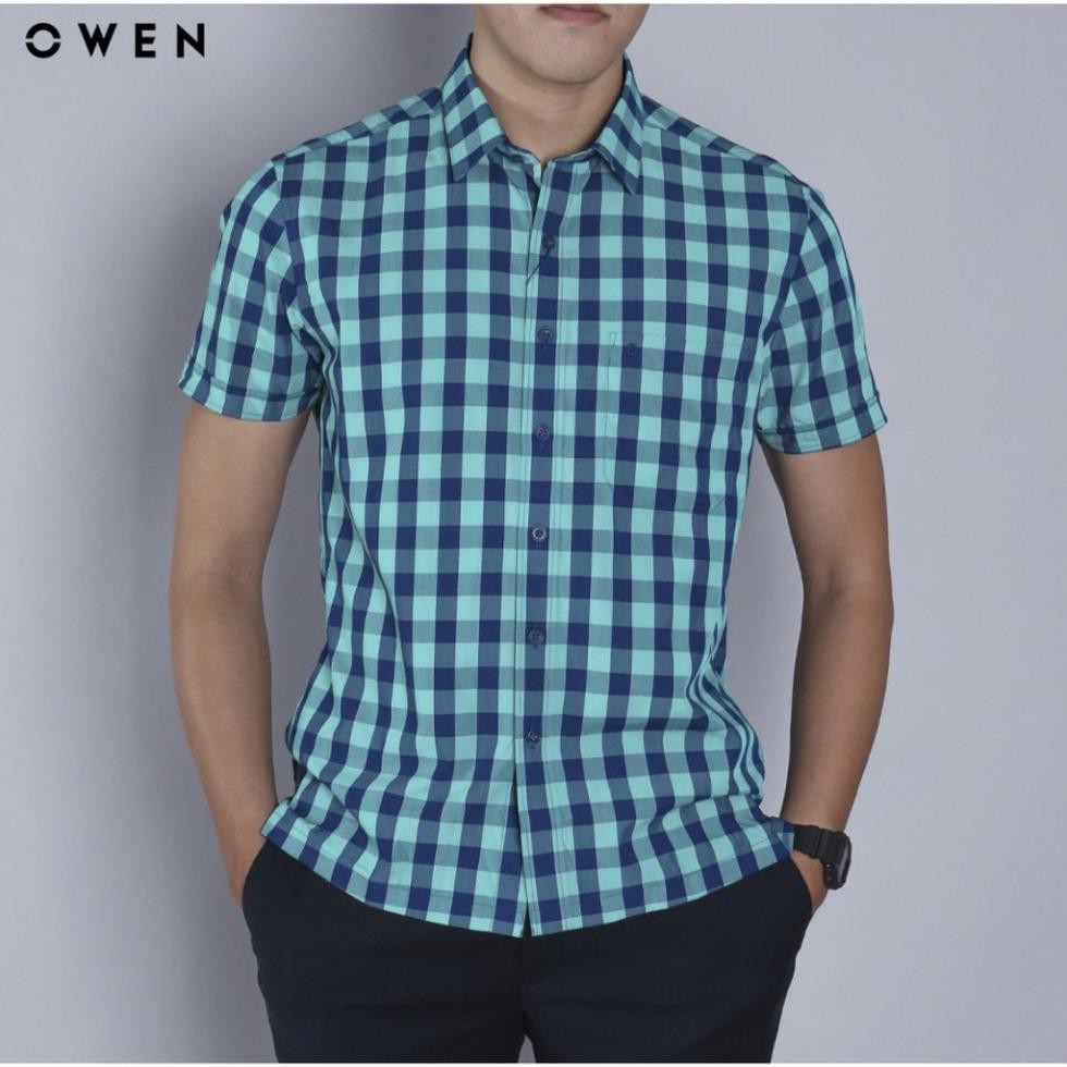 Sale Chính Hãng  OWEN - Áo sơ mi ngắn tay Owen kẻ ca rô chất sợi sen 90776 hot 🌺 neww * ! %