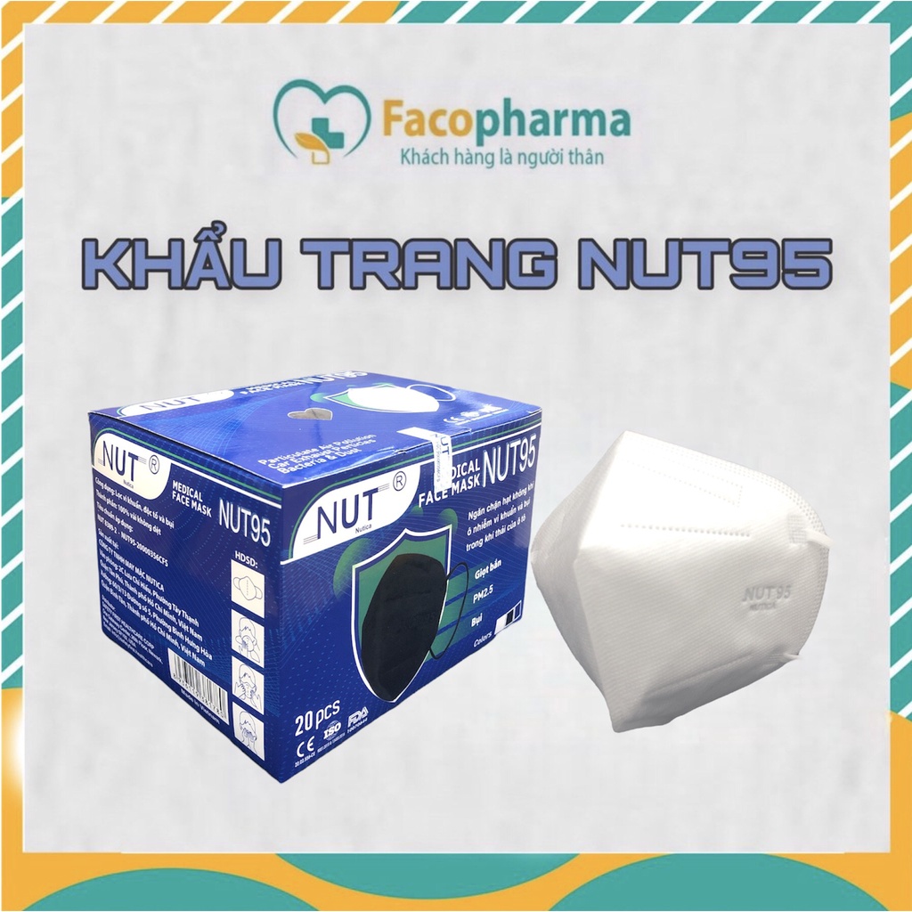Khẩu trang N95 chính hãng NUT95 kháng khuẩn 5 lớp ngăn bụi mịn khói bụi và giọt bắn hộp 20 cái NUTN95O