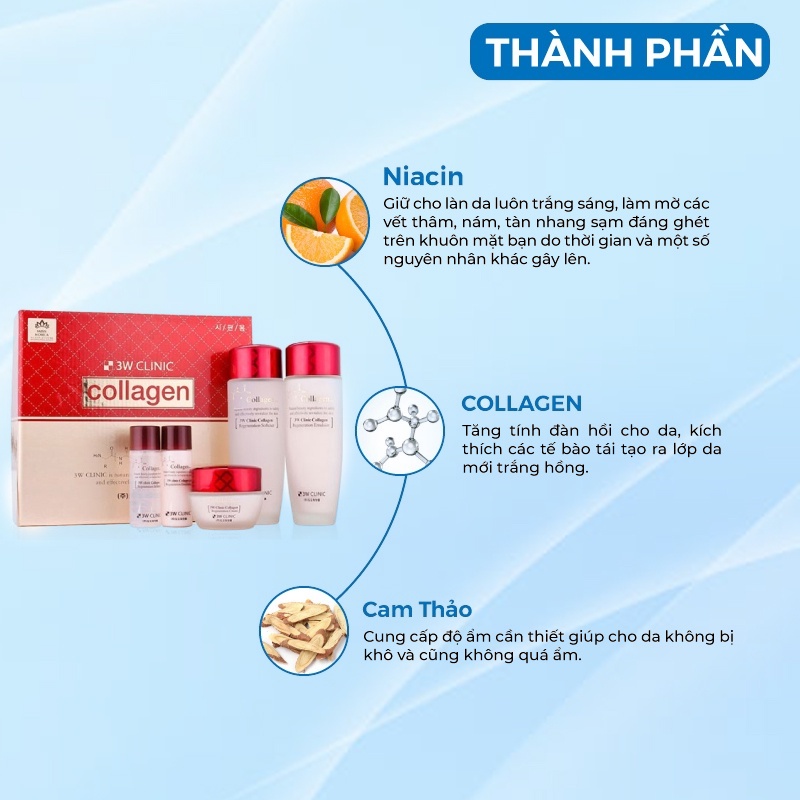 Bộ Skincare Dưỡng Trắng Da Săn Chắc Chống Lão Hóa Chiết Xuất Từ Collagen Hàn Quốc Đủ Sét Giúp Da Luôn Căng Mịn Rạng Ngời