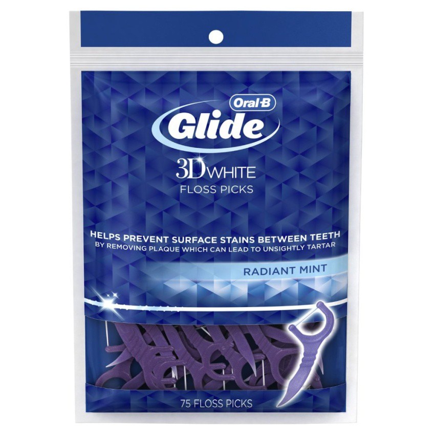 Gói 75 cây tăm nhựa &amp; chỉ nha khoa Oral-B Glide 3D White Floss Picks Radiant Mint, 75 Count (Mỹ)