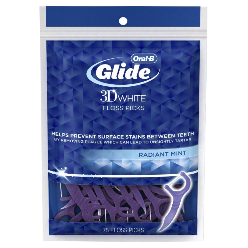 Gói 75 cây tăm nhựa & chỉ nha khoa Oral-B Glide 3D White Floss Picks Radiant Mint, 75 Count (Mỹ)