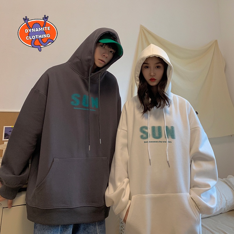 Áo hoodie nhung dày tay dài dáng rộng in chữ đơn giản phong cách Hàn Quốc size M-5XL cho bạn nam