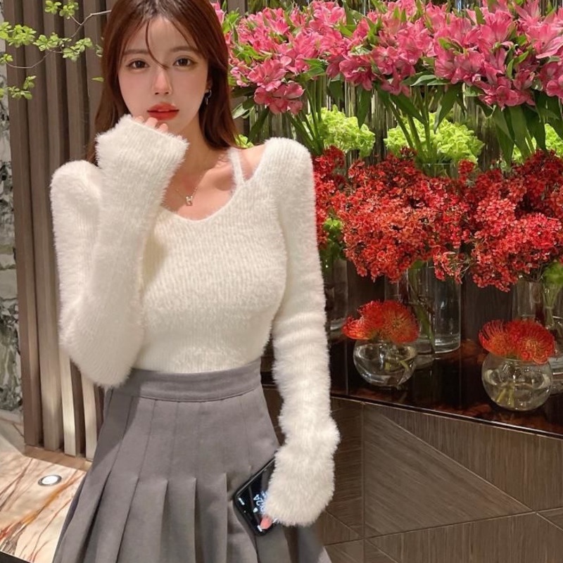 Áo dệt kim Pure Cube dáng rộng trễ vai gợi cảm cho nữ