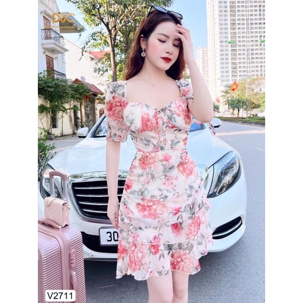 V2711 váy voan hoa màu cam