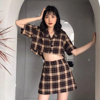 Set đồ nữ đi chơi áo croptop vest tay đùi + chân váy kẻ caro
