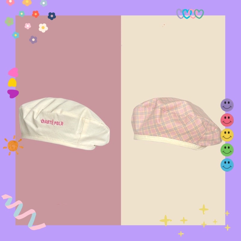Nón beret hoạ sĩ OABTEPOLA 2 mặt 🌸 caro & đơn sắ thêu chữ style idol Hàn quốc 🧚🏼‍♀️ (vàng/hồng/nâu/đen)