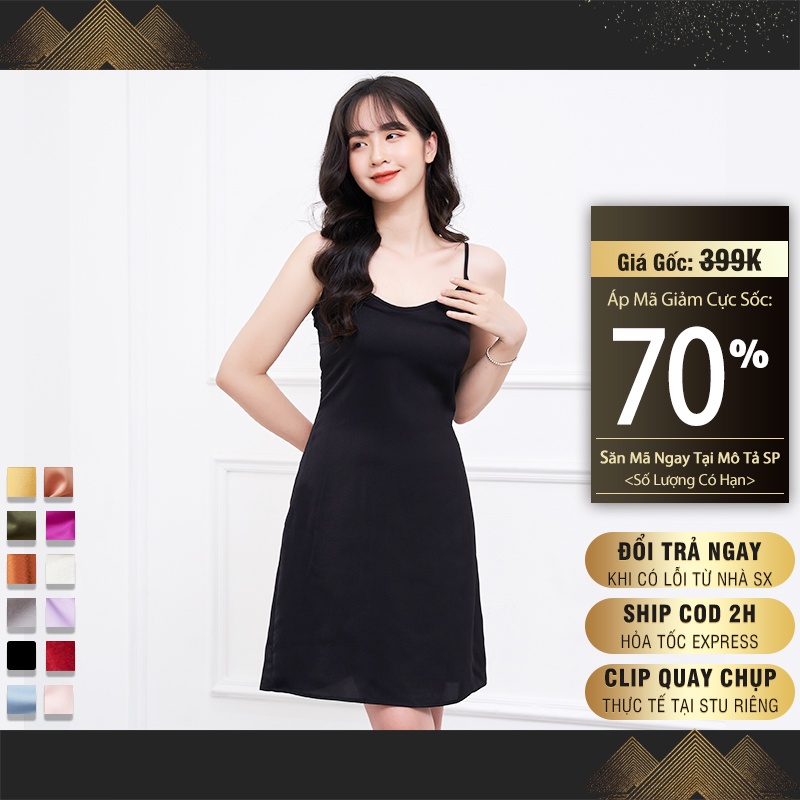 Váy ngủ 2 dây jisilk lụa satin, đầm ngủ cao cấp trơn dễ thương gợi cảm Slipfairy L.V2D-01 - jisilk