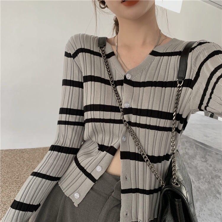 Áo cardigan dệt kim tay dài ôm dáng vừa vặn cổ chữ V họa tiết kẻ sọc thời trang dành cho nữ