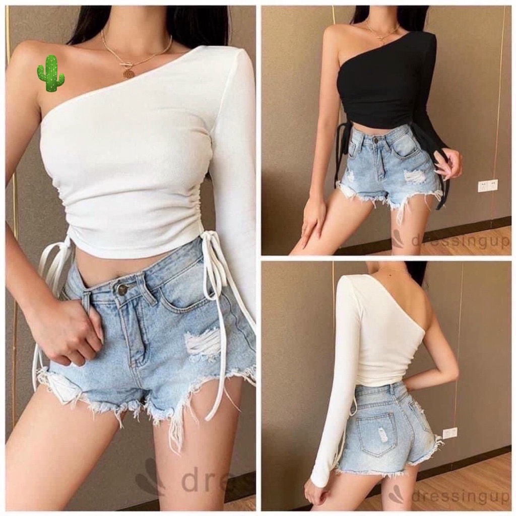 ÁO THUN GÂN LỆCH VAI TAY DÀI 1 BÊN XÉO DÂY RÚT 2 BÊN SIÊU XỊN