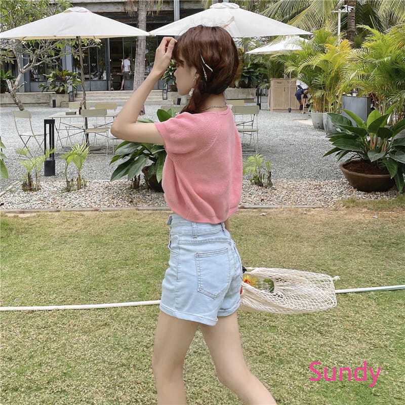 Áo croptop dệt kim ngắn tay thời trang mùa hè Hàn Quốc cho bé gái