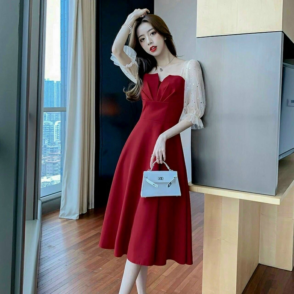 đầm dáng dài xếp ly ngực tay lưới, đầm xòe siêu xinh