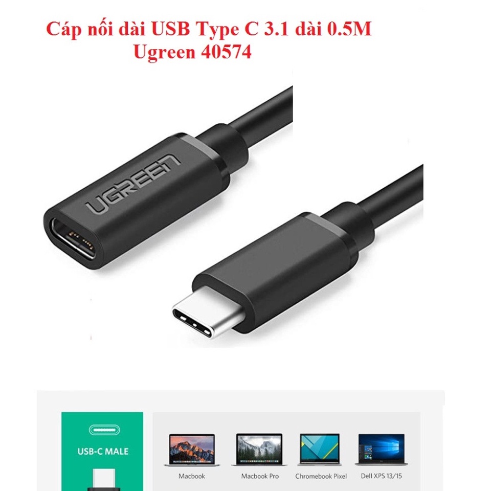 Dây USB Type C nối dài 0.5m Chính Hãng Ugreen 40574 US312 (USB C 3.1 4K@60Hz PD 60W 5A) | BigBuy360 - bigbuy360.vn