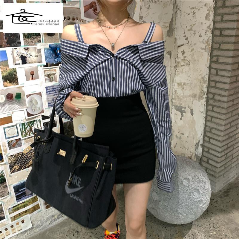 One Đầm Sơ Mi Nữ Tay Dài Kẻ Sọc Giả Hai Lớp Thời Trang