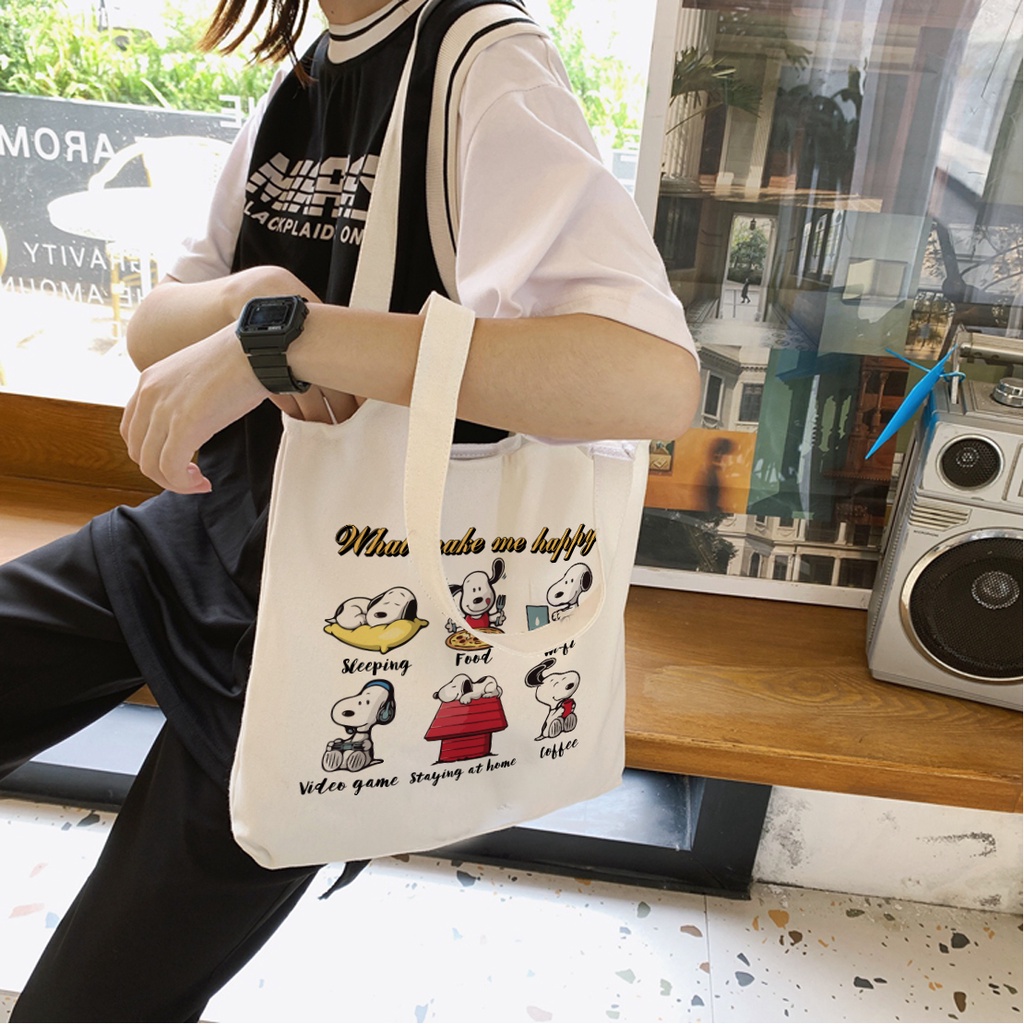 Túi vải Snoopy đẹp để vừa A4 tote canvas quai tròn có khóa miệng túi