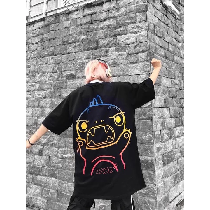 Áo thun khủng long lưng nam nữ unisex tay lỡ cổ tròn cotton trắng đen basic -Áo phông đôi trơn mỹ đẹp phom rộng oversize