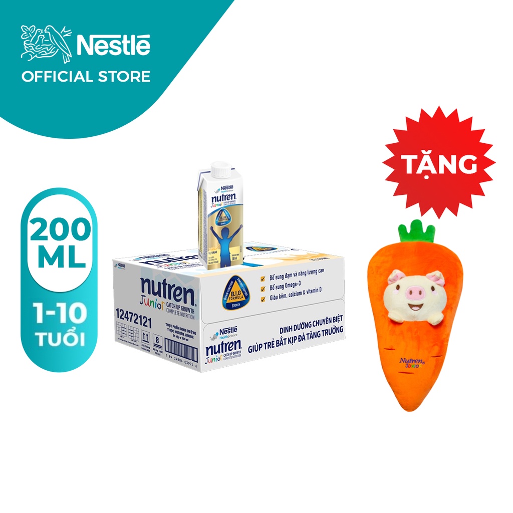 [Tặng 01 gối ôm Gối ôm cà rốt] Sữa Dinh Dưỡng NUTREN JUNIOR - Hộp Pha Sẵn Tiện Lợi - Thùng 24 Hộp - 200ml/hộp