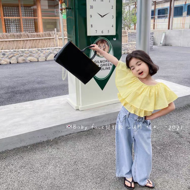 Set áo chun cổ 2 tầng quần jean xuông bé gái