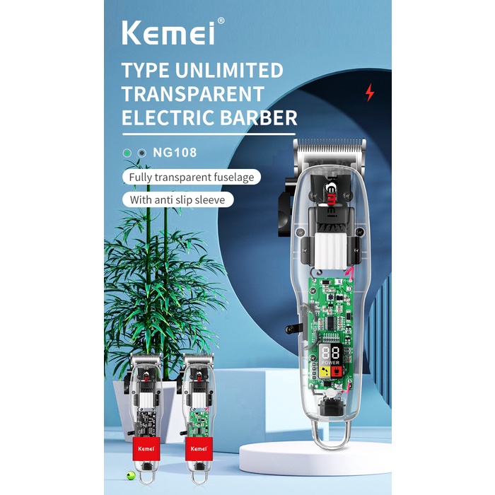 Tông đơ điện Kemei dùng cắt tóc cổng USB thân máy trong suốt thiết kế chuyên nghiệp