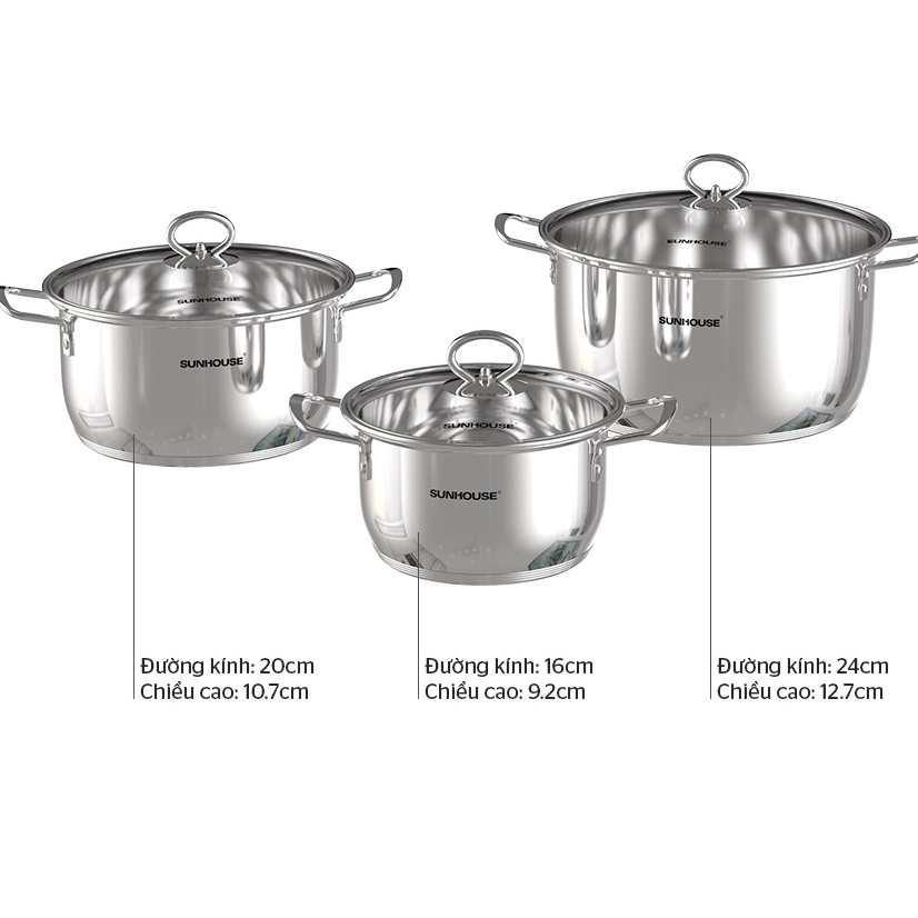 Bộ 3 nồi Inox 304 Sunhouse 5 đáy Chính hãng, chống dính bếp từ SHG788  dùng được bếp ga - HAPOS OFFICIAL