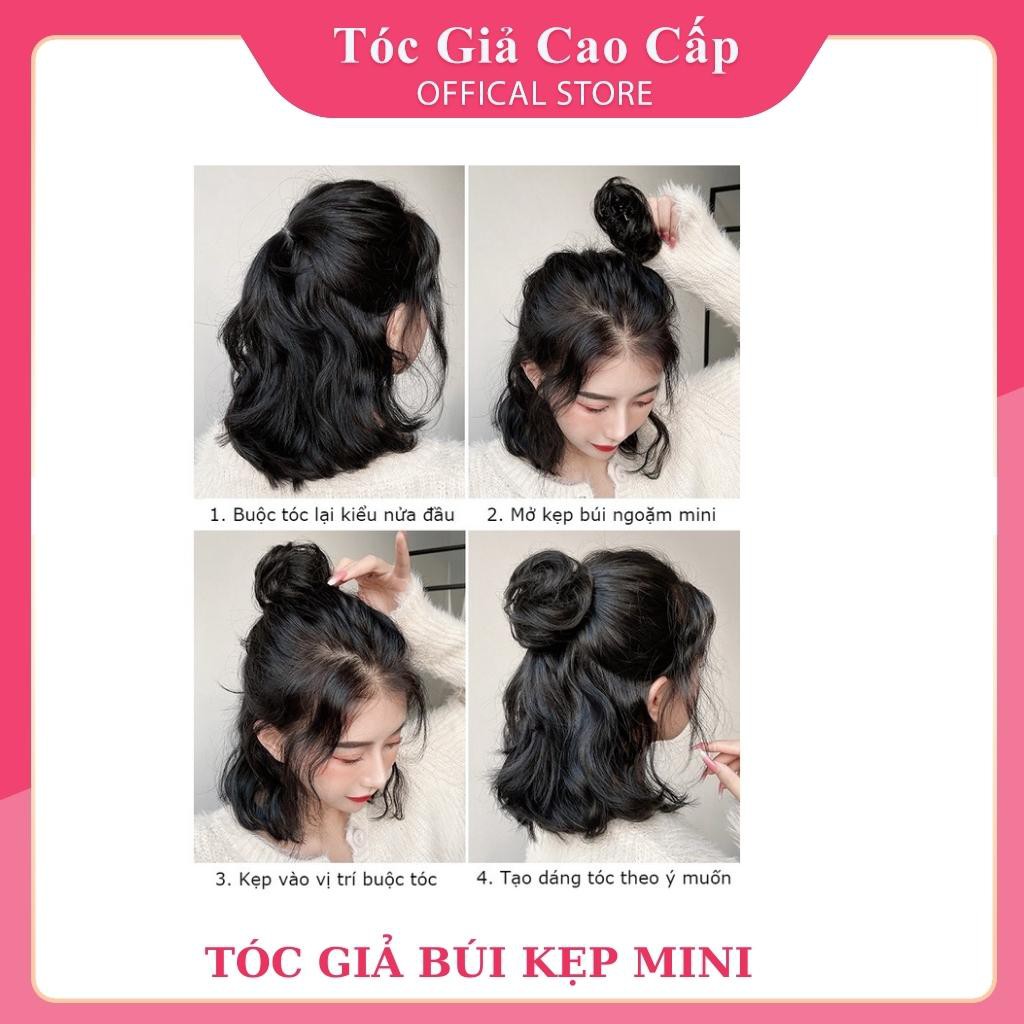 Tóc giả búi mini kẹp nửa đầu, sợi tơ cao cấp mềm mượt như tóc thật.