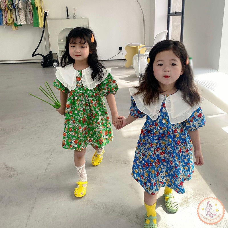 Đầm Công Chúa Tay Phồng Cổ Búp Bê In Họa Tiết Hoa Cho Bé Gái