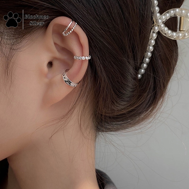 Khuyên Tai Kẹp Vành Đính Đá, Trơn Nhăn Bạc Ý 925 Cao Cấp Blackmeo, Bông Tai Kẹp Vành Không Cần Bấm Lỗ Bạc Ý 925