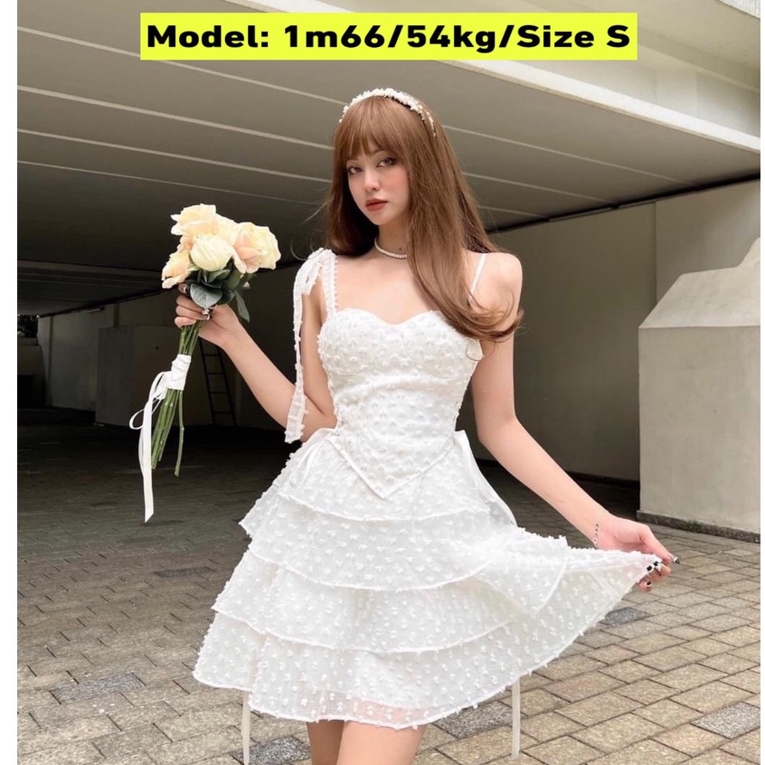 Set  Áo  2 Dây Cúp Ngực Trắng Ren Bi Chân Váy Tầng Có Lớp Lót