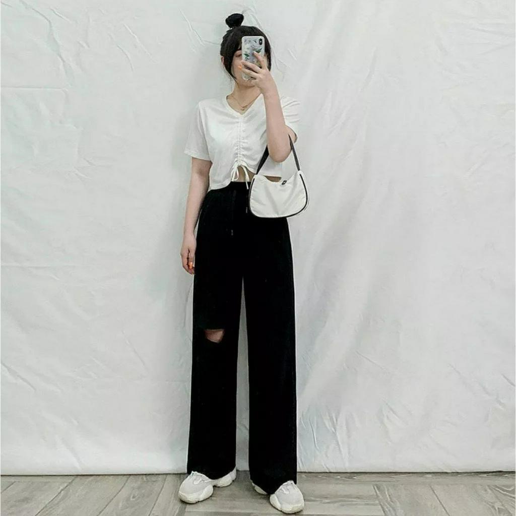 Quần Nỉ Ống Rộng Rách Gối IRU Unisex (Đen/Xám)